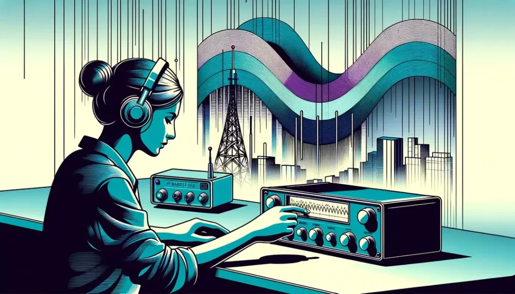 Ilustración de ingeniería de telecomunicaciones mostrando a una mujer ajustando un dispositivo de comunicación en un laboratorio moderno