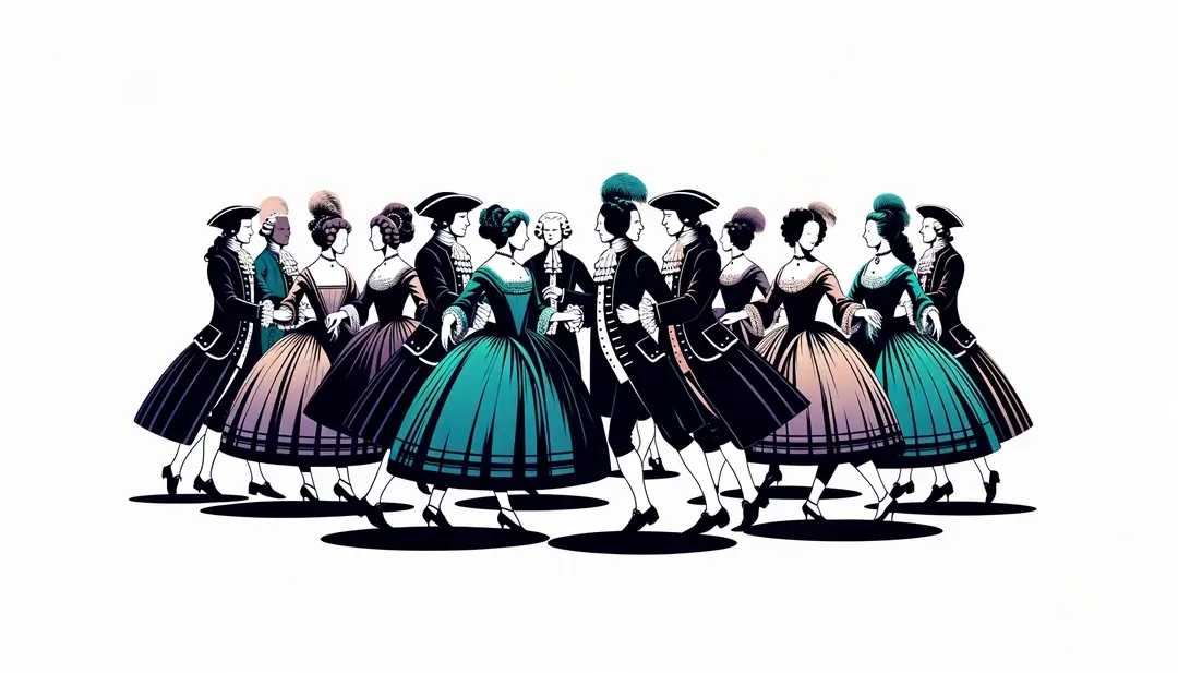 Grupo de cortesanos franceses bailando en círculo