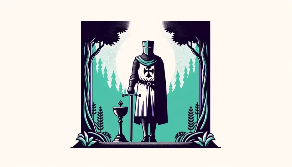 Ilustración minimalista de un caballero en armadura medieval simbolizando la búsqueda espiritual del Santo Grial en Francia
