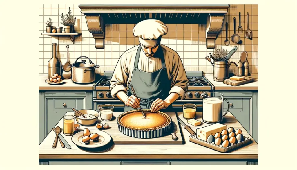 Ilustración minimalista de un chef preparando una quiche lorraine tradicional en una cocina francesa del pasado