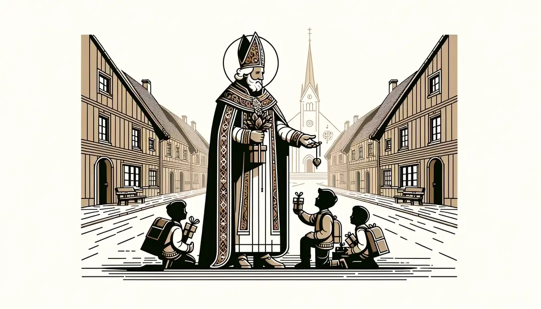 Saint Nicolas repartiendo regalos en un pueblo alsaciano con fondo blanco