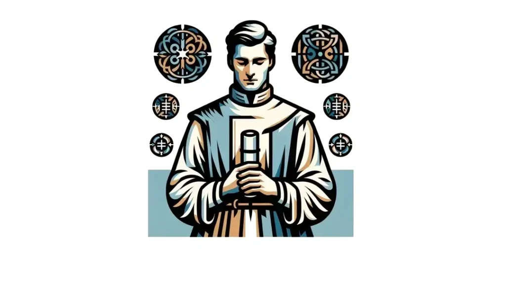 Ilustración minimalista de Saint Théophile en la época medieval sosteniendo un pacto simbólico
