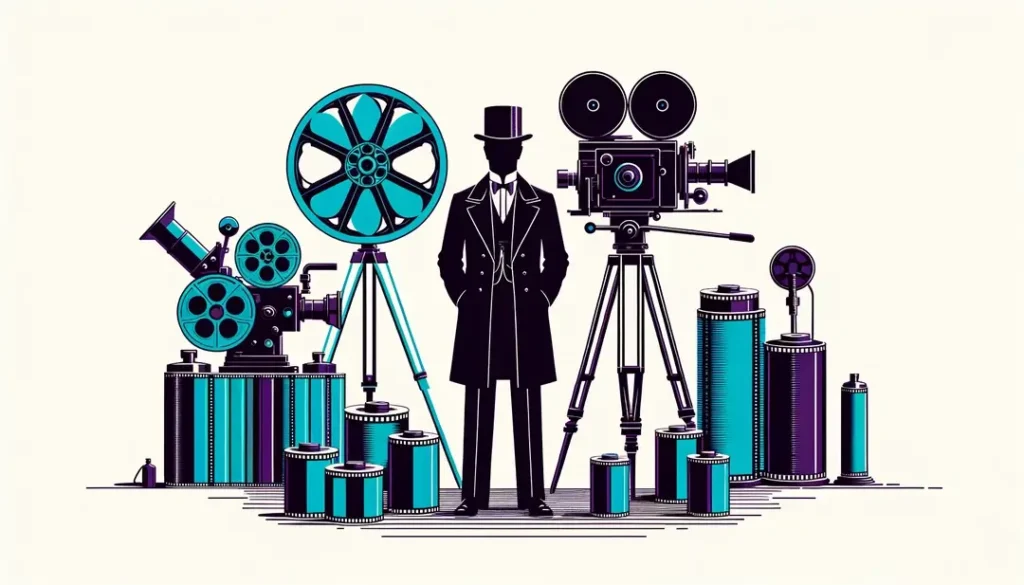 Ilustración minimalista de Georges Méliès en un estudio de cine antiguo