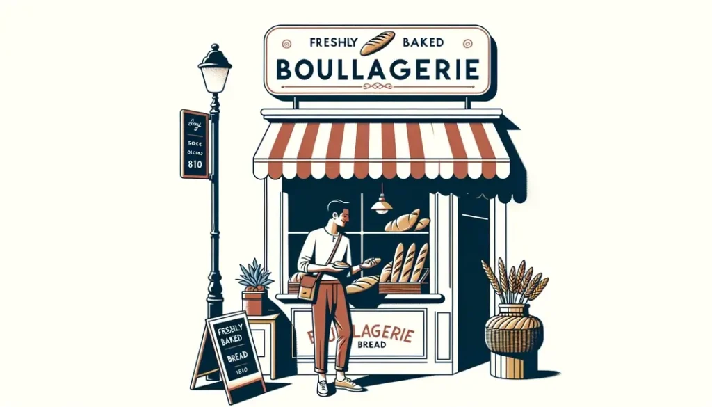 Ilustración de una boulangerie con fondo blanco y una persona comprando pan recién hecho