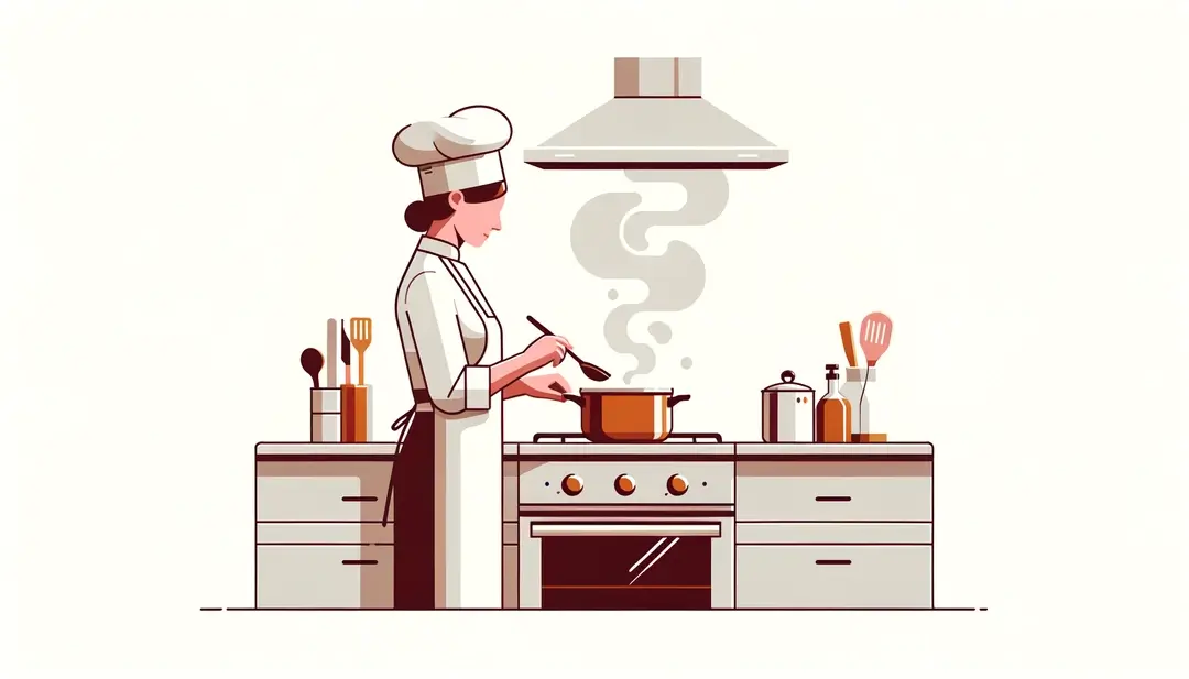 Chef profesional francesa preparando una reducción de salsa en una cocina minimalista