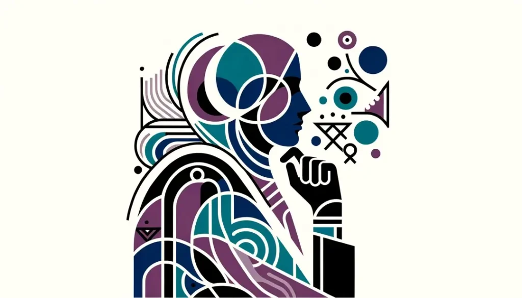 Figura humana con formas abstractas que sugieren el contraste entre teorías estructuralistas y posestructuralistas en un fondo blanco