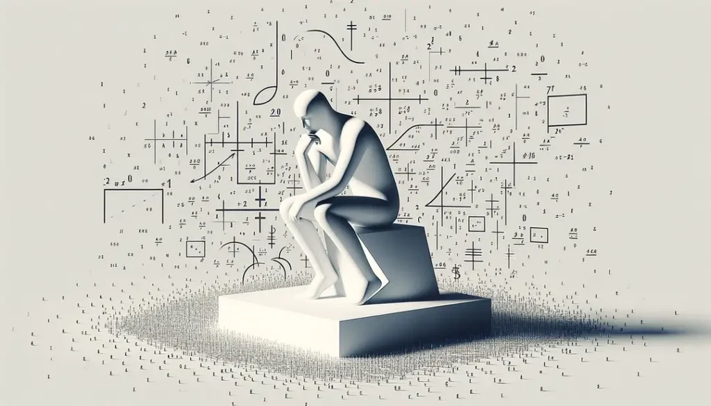 Ilustración minimalista de una figura humana contemplando una ecuación matemática