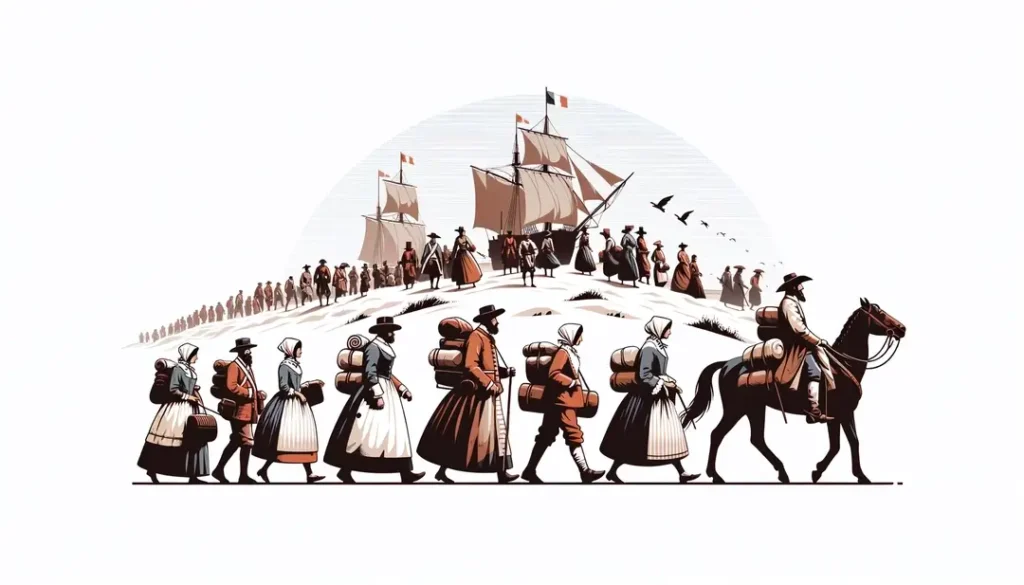 Ilustración de familias acadianas desplazadas durante el siglo XVIII como parte del Grand Dérangement