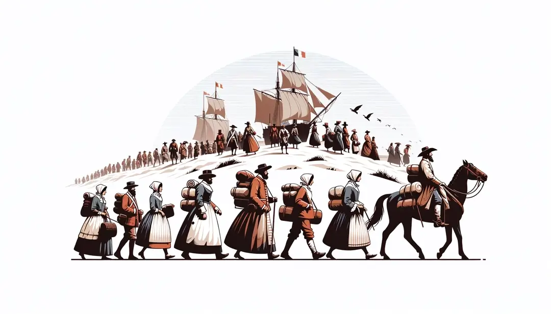 Ilustración de familias acadianas desplazadas durante el siglo XVIII como parte del Grand Dérangement