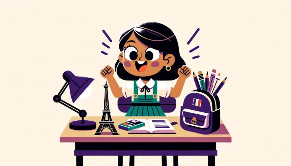 Ilustración minimalista de una niña emocionada con su material escolar en una escuela francesa