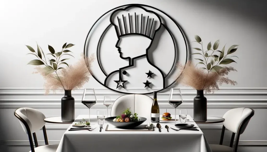 Ilustración minimalista de un restaurante de tres estrellas Michelin con un chef y mesa elegante