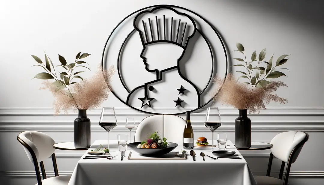Ilustración minimalista de un restaurante de tres estrellas Michelin con un chef y mesa elegante
