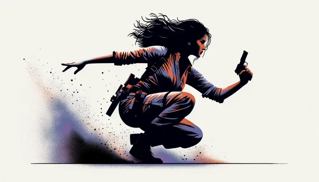 Ilustración minimalista inspirada en el estilo cinematográfico de Luc Besson con figura humana y colores distintivos
