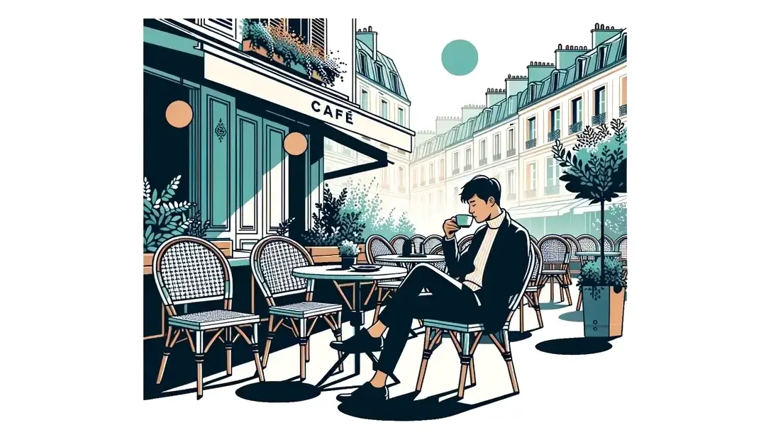 Ilustración minimalista de una persona disfrutando café en una terraza de Montmartre