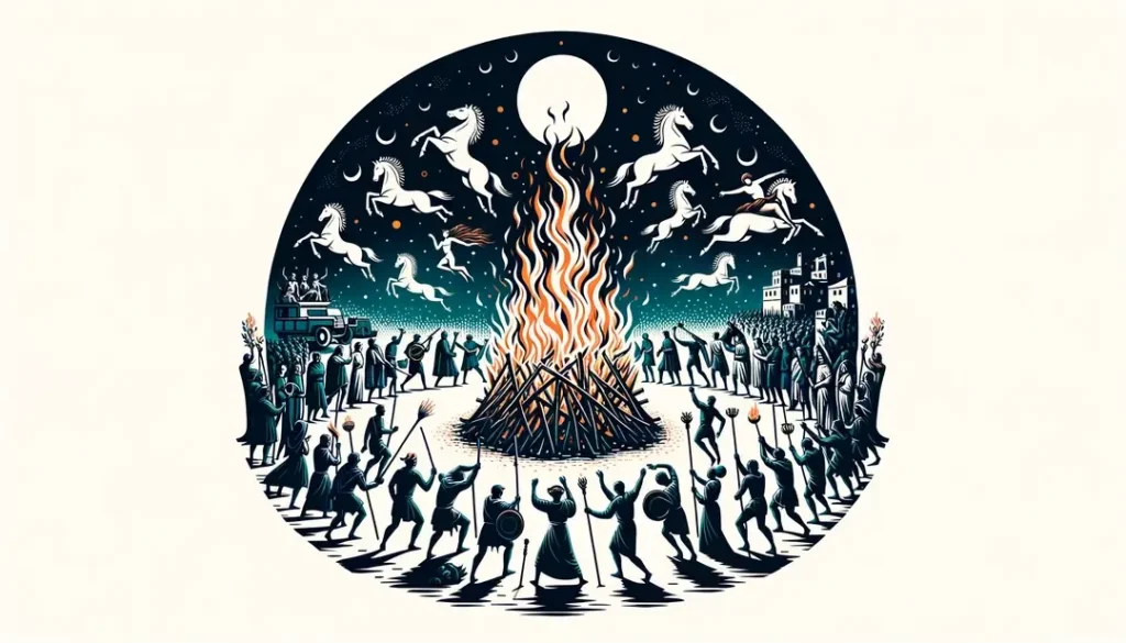 Una ilustración minimalista mostrando una celebración del solsticio con figuras saltando hogueras
