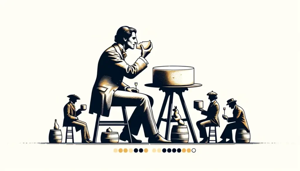 Ilustración de una persona francesa degustando quesos en un estilo minimalista