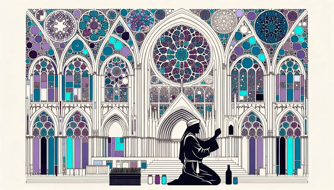 Imagen de una escena minimalista con figura humana en una catedral gótica durante una vigilia de verano