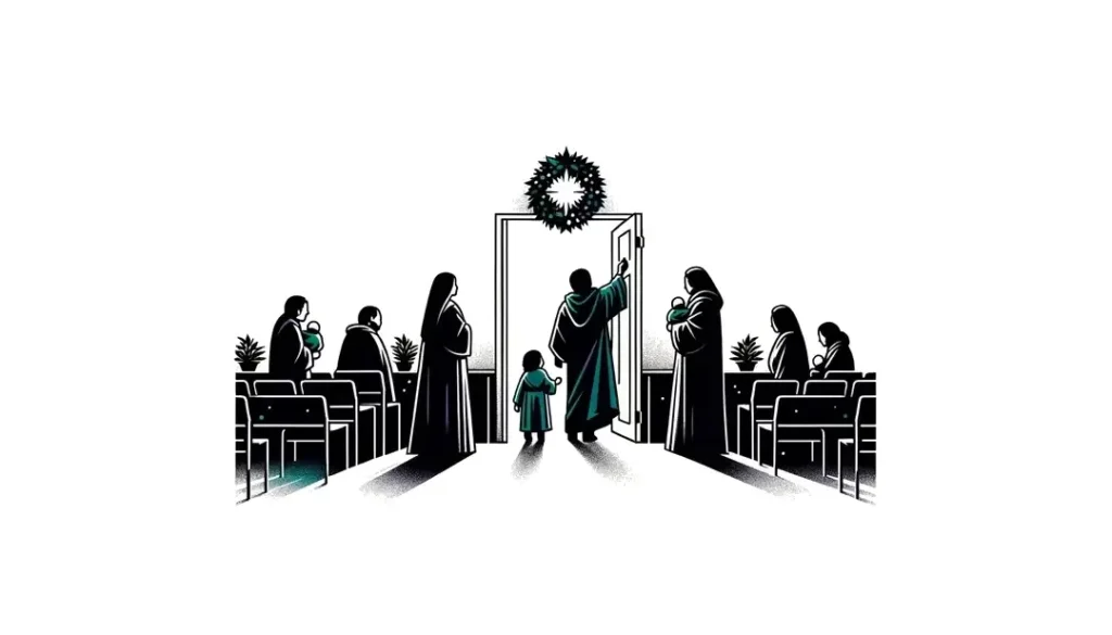 Ilustración minimalista de un ritual de bendición del hogar con una figura humana marcando la puerta