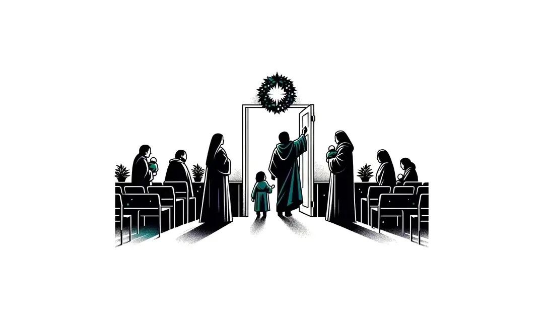 Ilustración minimalista de un ritual de bendición del hogar con una figura humana marcando la puerta