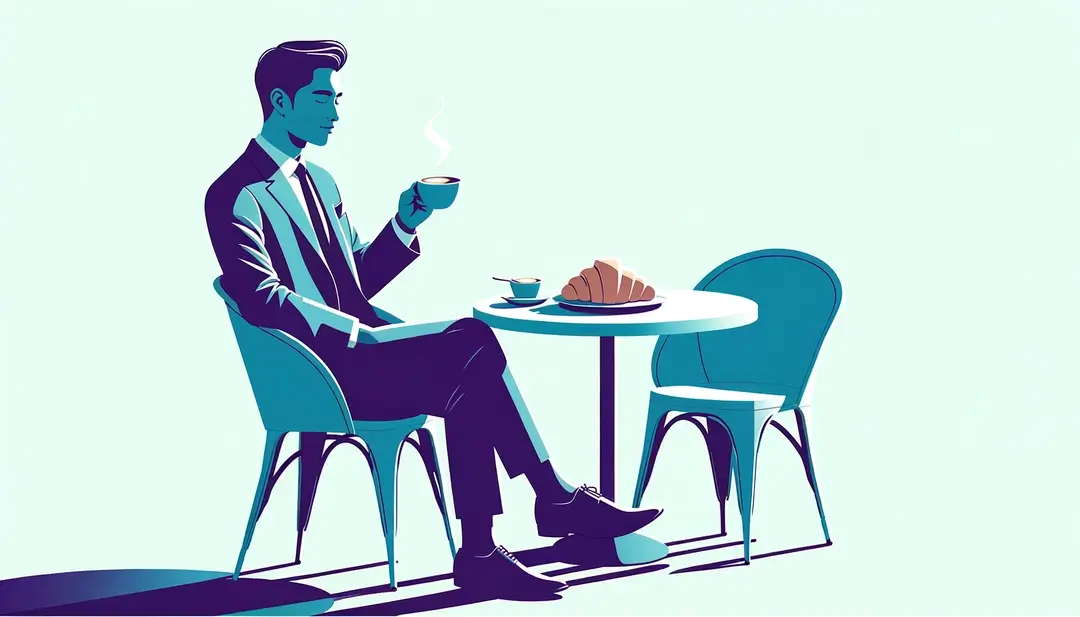 Ilustración de una persona disfrutando café con croissant en un fondo blanco