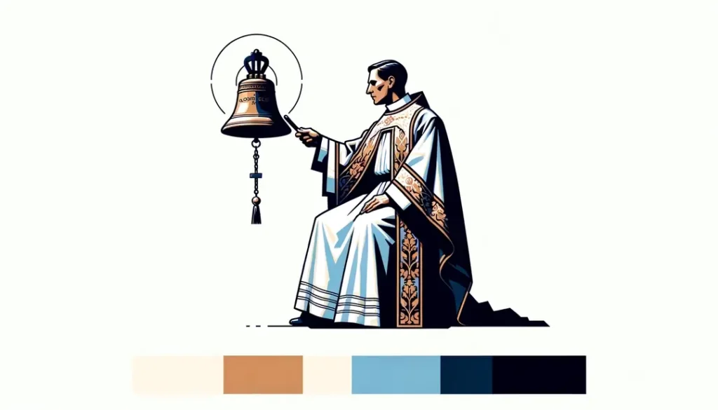 Escena medieval francesa mostrando a un sacerdote tocando la Cloche Sainte durante un exorcismo