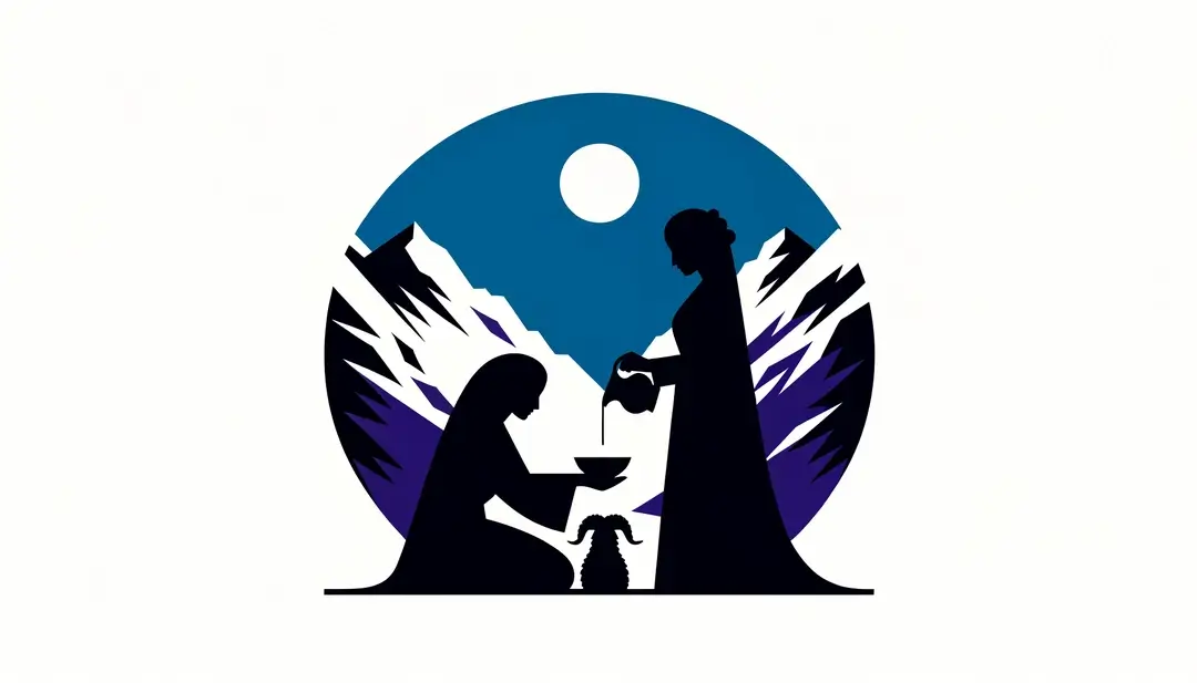 Ilustración minimalista de una ceremonia con figura humana en los Pirineos