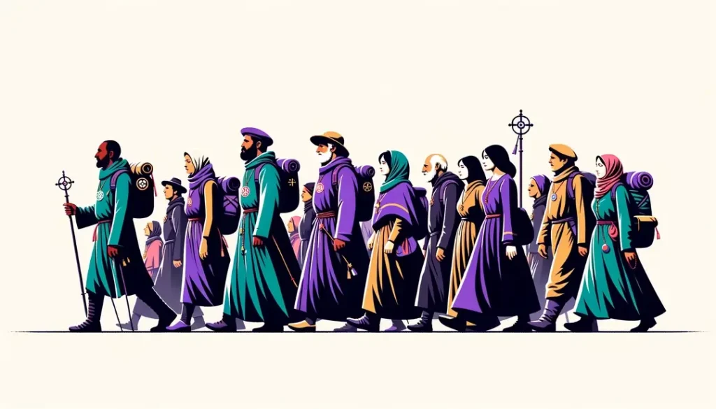 Grupo de peregrinos en un ritual del Camino de Vézelay con fondo blanco