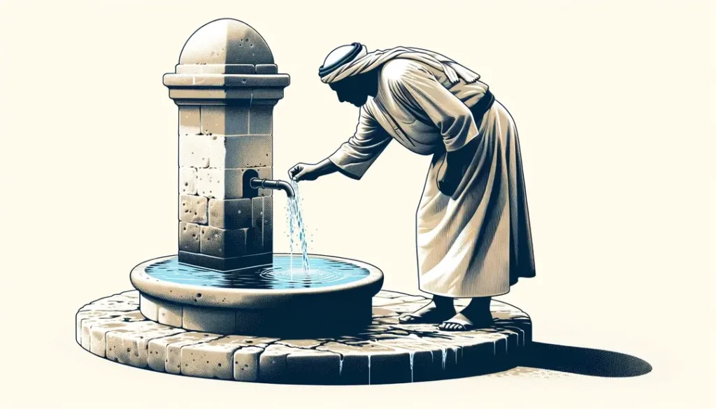 Ilustración minimalista de un ritual provenzal de limpieza de fuentes con figura humana