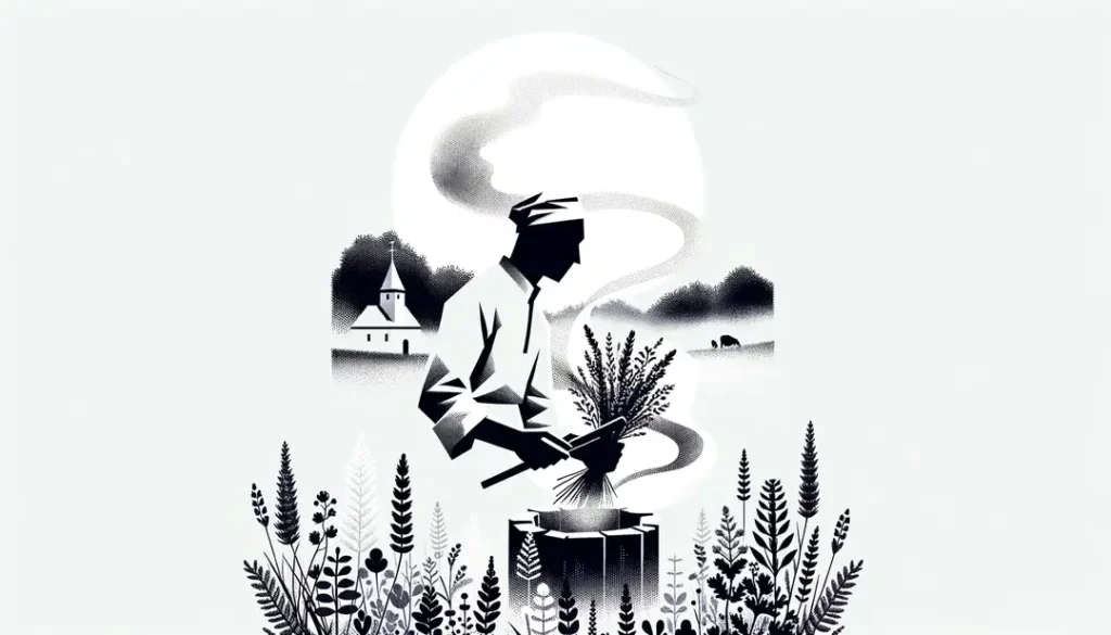 Ilustración minimalista de un ritual tradicional de purificación con humo en Lozère con fondo blanco