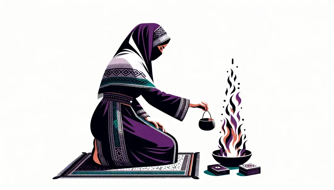 Ilustración minimalista mostrando un ritual pirenaico de purificación con una figura humana y elementos tradicionales