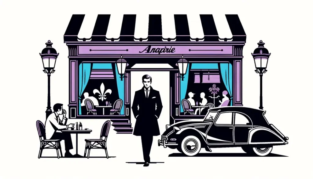 Ilustración minimalista de una escena clásica del cine francés de los 60 en París