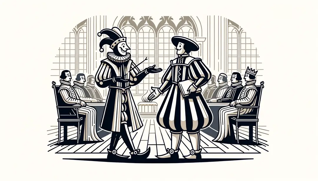 Ilustración del bufón del rey francés en una corte medieval