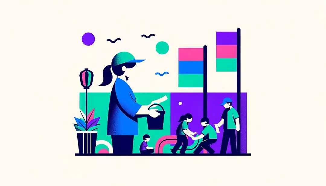 Ilustración minimalista de un sindicat d’initiative con figura humana en el contexto de festivales locales