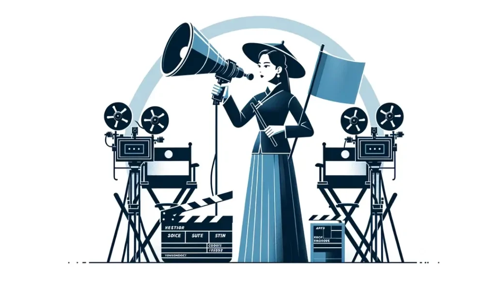 Ilustración minimalista de un director en un set de cine
