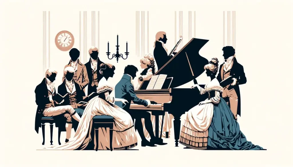Escena minimalista de músicos y vocalistas franceses interpretando una composición romántica en un salón del siglo XIX.