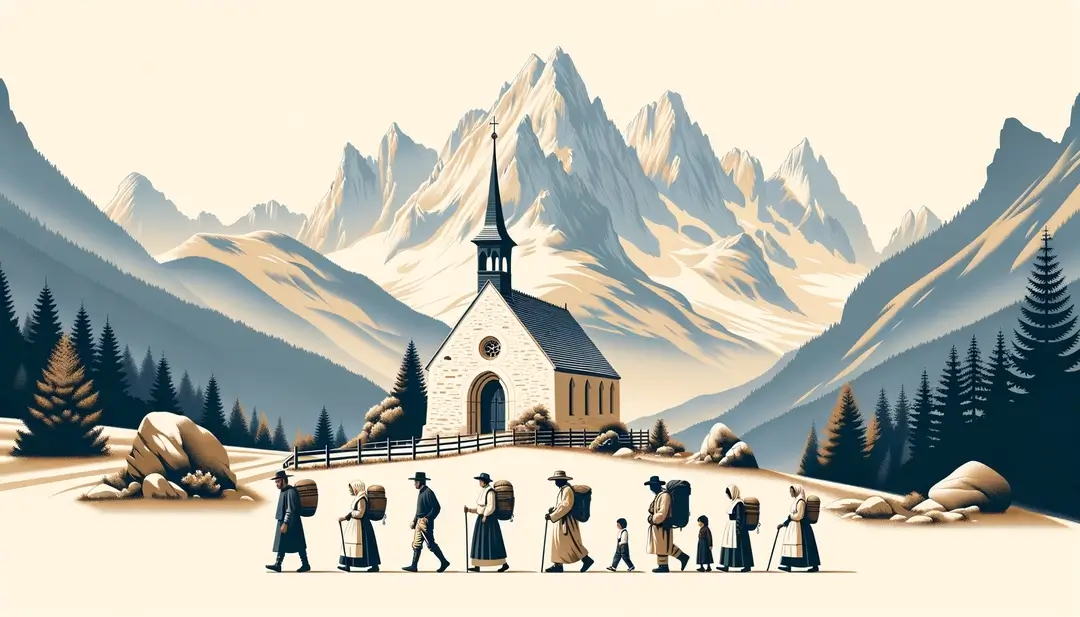 Imagen de una peregrinación con personas en atuendo histórico caminando hacia la ermita de San Vicente en los Alpes