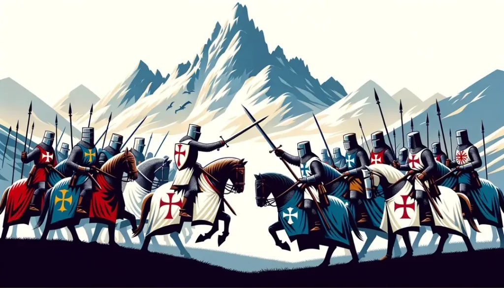 Ilustración minimalista de la Batalla de Roncesvalles con caballeros medievales franceses en los Pirineos