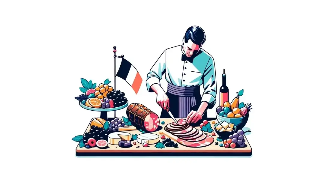 Ilustración de un tablero de charcutería francesa con rosette y saucisson