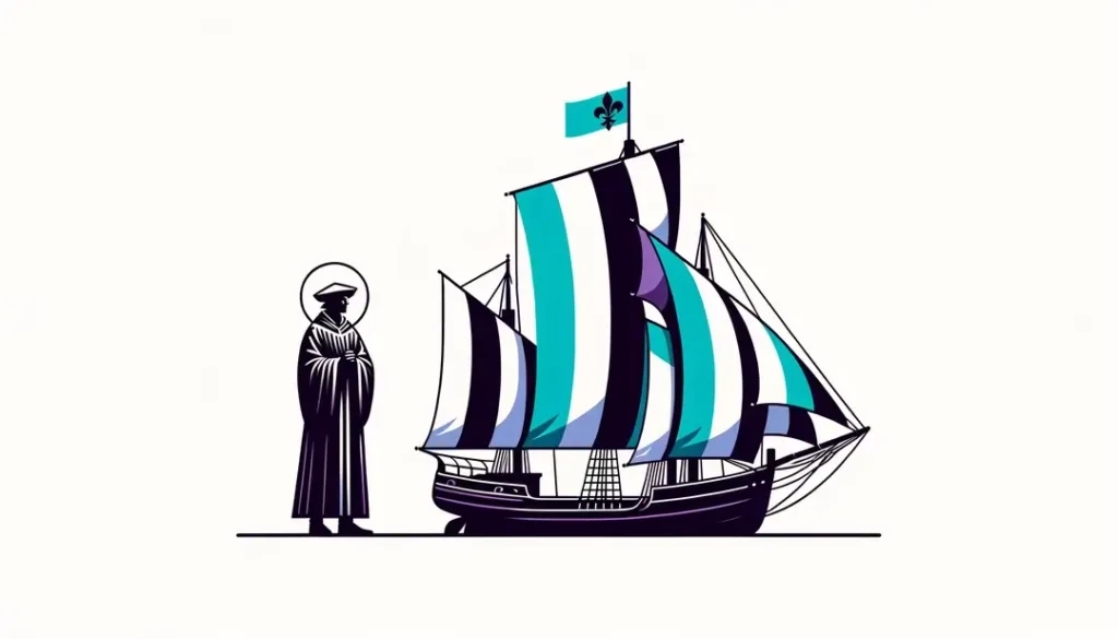 Ilustración minimalista de un santo bretón protegiendo un velero tradicional en la Bretaña medieval