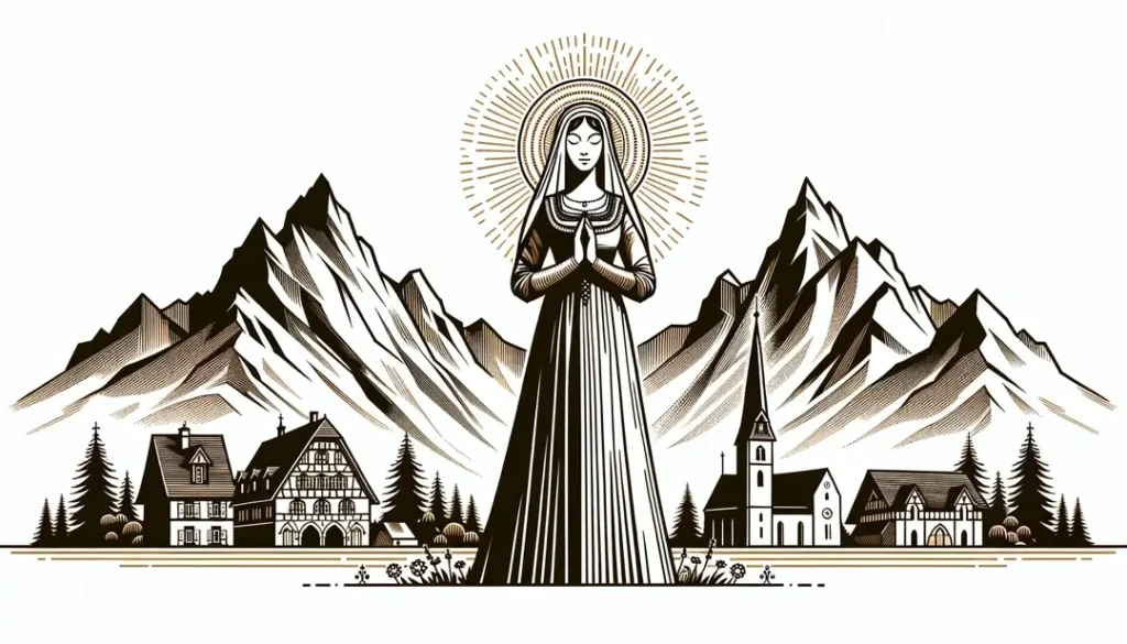 Mujer medieval en oración en las montañas de Alsacia
