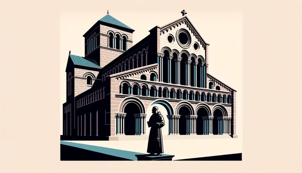Ilustración de la Basílica de Sainte Austremoine con arquitectura románica y un monje benedictino