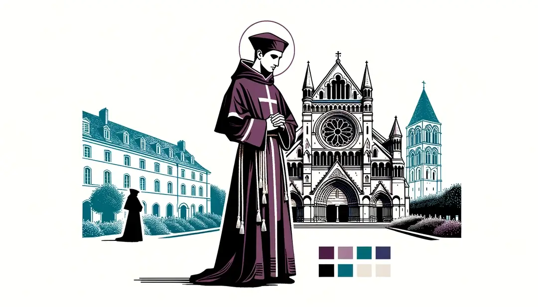 Ilustración minimalista de San Eutropio en pie frente a la Basílica de Saint-Eutrope