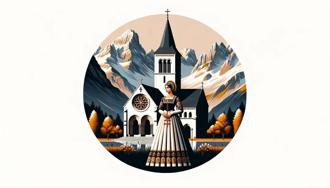 Ilustración minimalista de Sainte Léocadie frente a una iglesia medieval en los Pirineos