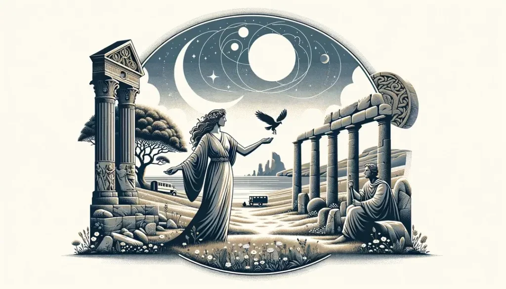 Una ilustración minimalista que representa el patrimonio cultural y la herencia mitológica de Sainte Venise