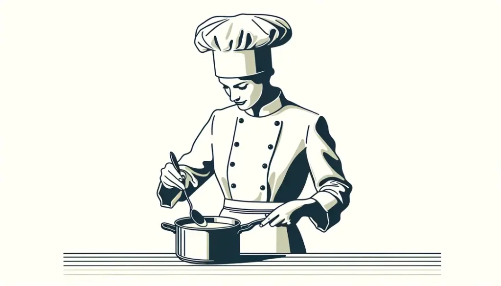 Ilustración minimalista de una chef francesa preparando velouté en una cocina tradicional