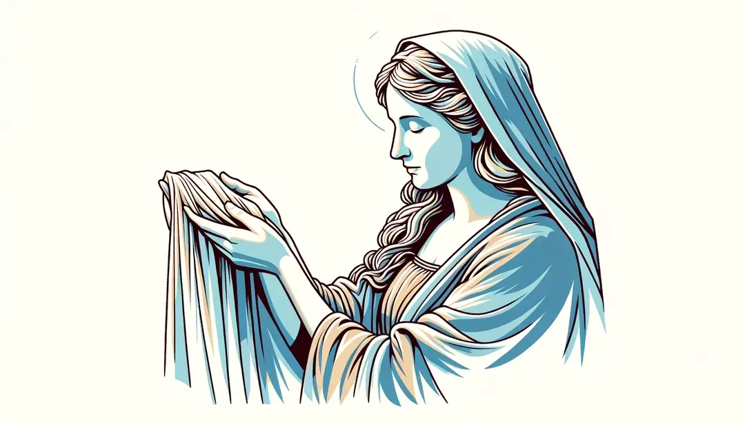 Santa Véronique sosteniendo un paño sagrado en un estilo minimalista