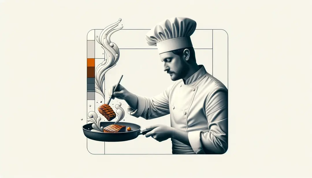 Ilustración de un chef francés preparando carne en una sartén caliente
