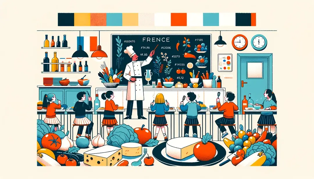 Ilustración mostrando niños en una escuela francesa que aprenden sobre la diversidad culinaria con un chef durante la Semana del Gusto en Francia: la escuela enseña a saborear