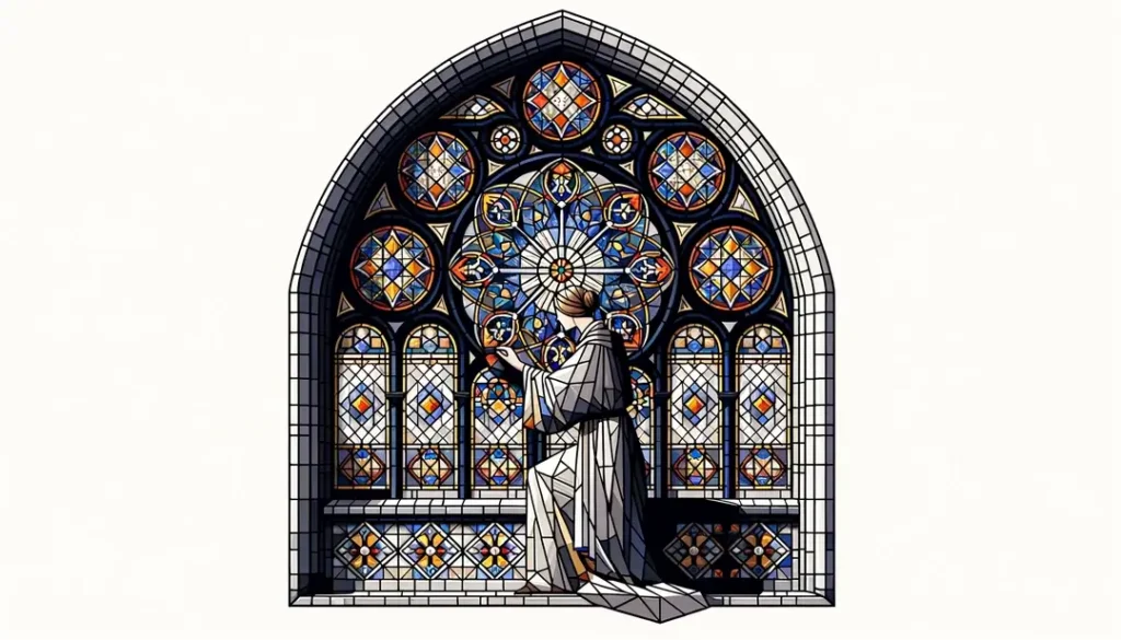Imagen de un vitral medieval en una catedral francesa con figura histórica interactuando con la vidriera