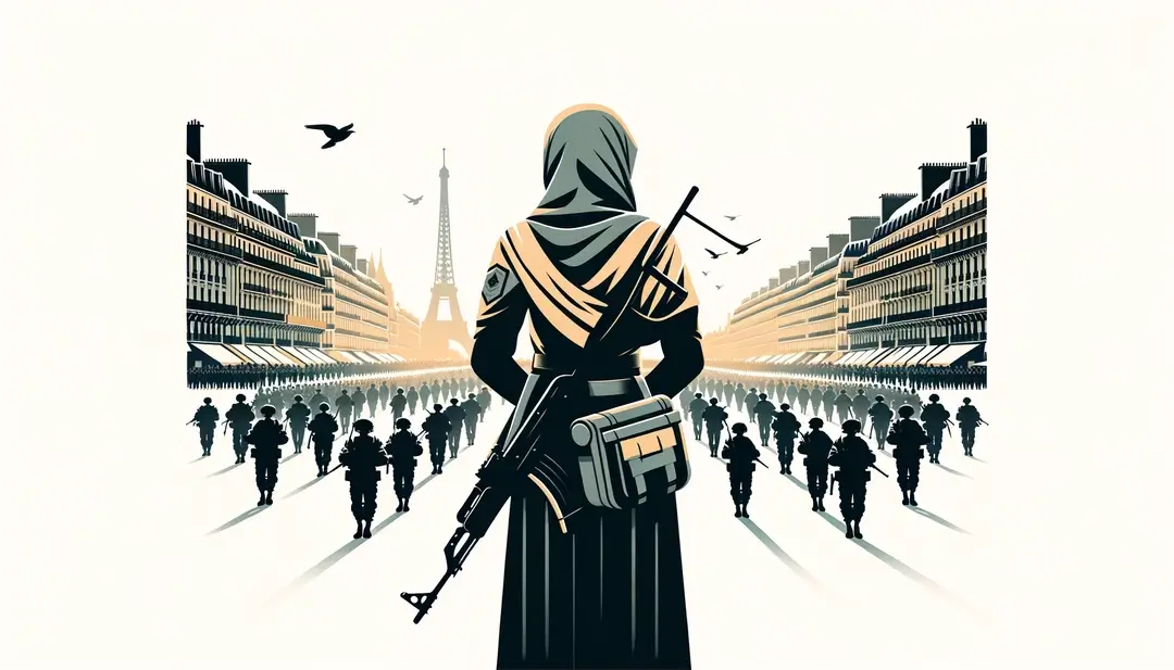 Imagen de un desfile militar en París con figura humana
